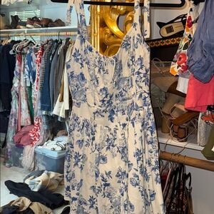 Olivaceous Cream Midi Dress with Blue Floral Print